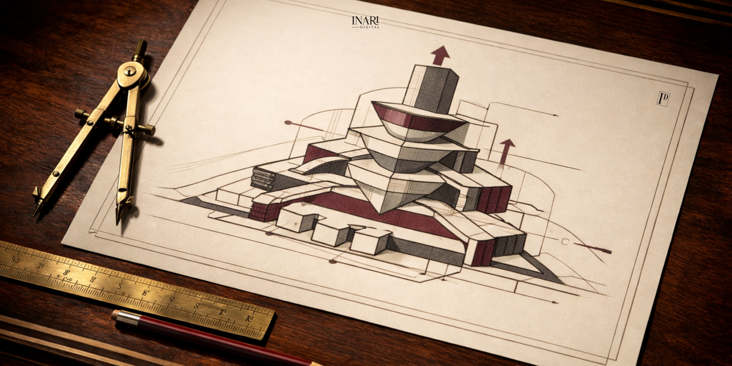 Minimalist editorial scene of a carefully arranged architectural blueprint on a desk, showing a geometric system diagram resembling a marketing growth structure for an article on growth marketing strategy